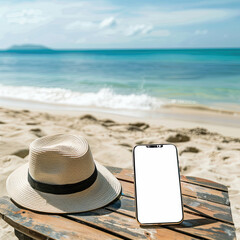 Summer beach background with a straw hat, beachwood table and smartphone, isolated, ocean background mockup or graphic design resource
