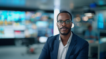 Fototapeta premium A confident African American male news anchor in a high-tech studio, surrounded by screens displaying vibrant graphics and news tickers.