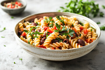 Fototapeta premium tasty traditional italian pasta alla puttanesca in a bowl, fusilli, noodles from italy