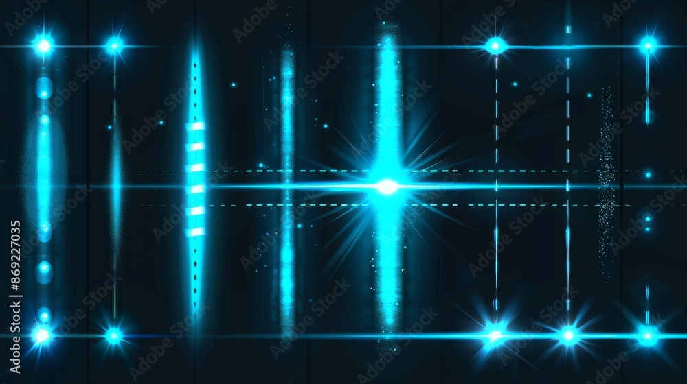 Poster a blue line glow with a sparkle and flare effect. horizontal turquoise neon streak effect isolated o
