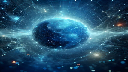 Obraz premium Blue abstract background with network grid and particles