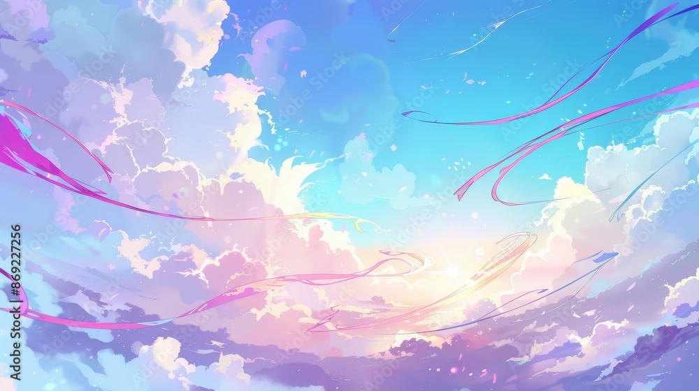 Poster modern background with anime clouds in blue heaven sky. summer abstract cloudy air design with gradi