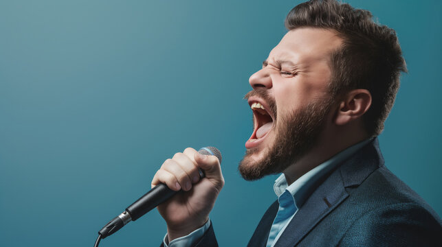 Passionate man with beard singing into a microphone against a blue background. He is wearing a dark blazer and light blue shirt, expressing intense emotion and energy