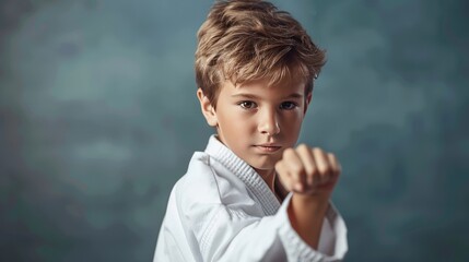 Young boy in a white karate uniform, practicing martial arts, looking focused and determined.