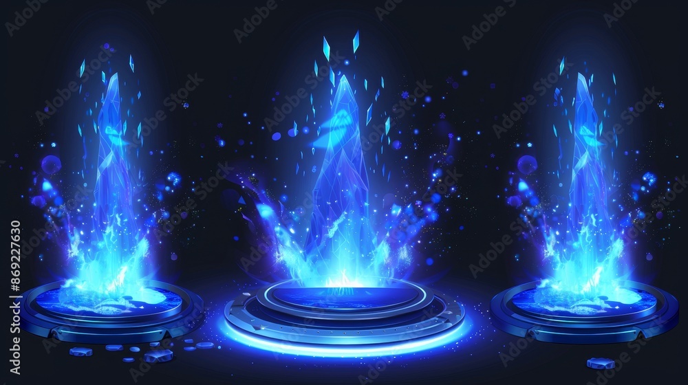 Poster ui game portal with futuristic glow podium teleport element. 3d hover hud cyber scifi blue platform 