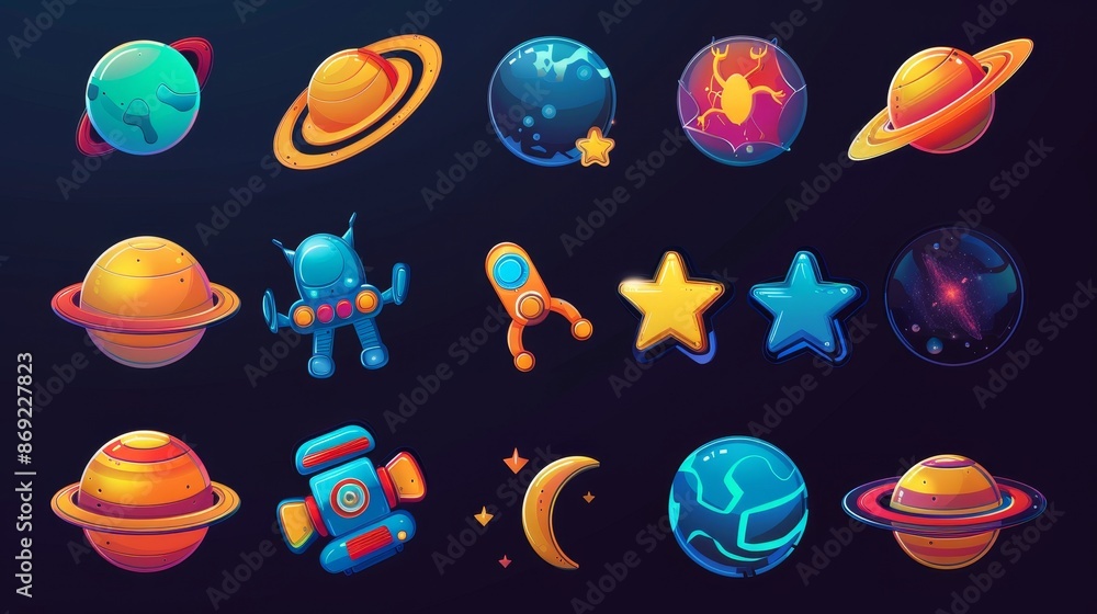 Aufkleber this is a 3d icon set with cartoon elements such as an alien, galaxy, planets and joysticks. this is