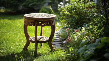 Naklejka premium Ornate wooden stool in a garden surrounded by lush greenery and blooming flowers. The scene captures a peaceful and charming outdoor setting