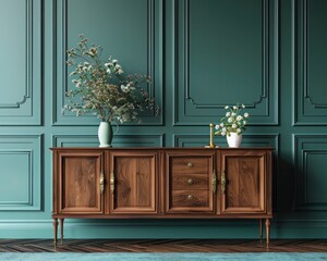 A traditional walnut wood sideboard with brass handles, positioned against a deep teal luxury house wall.