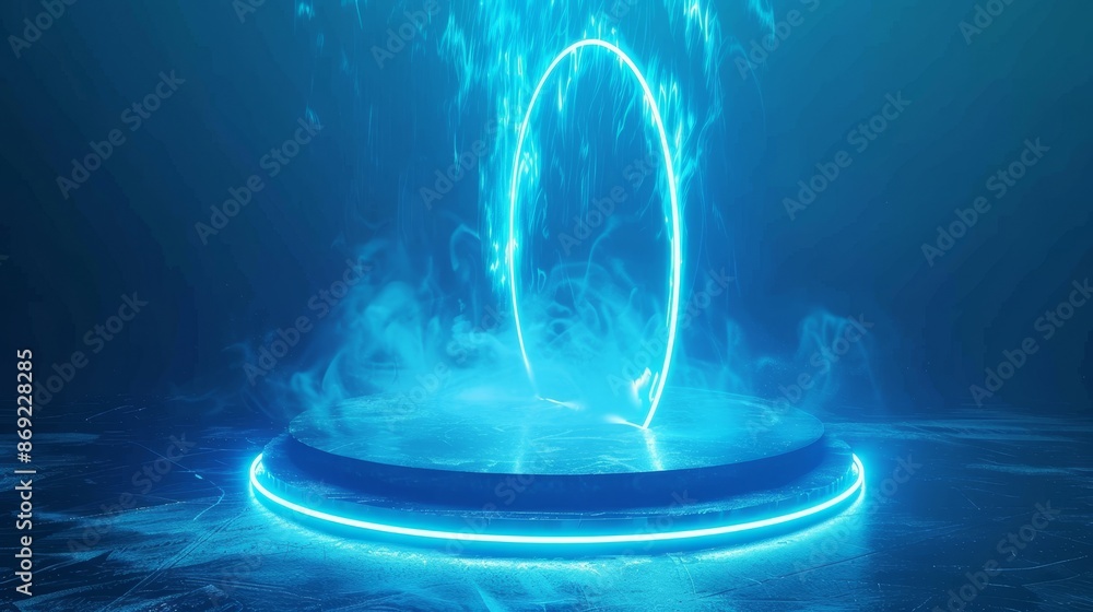 Poster luminous futuristic product stage with line swirls and circular sparkles. magic hologram teleport ef