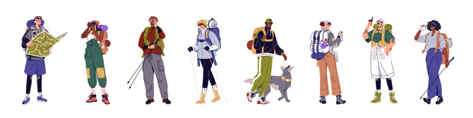 Tourists with backpacks set. Hikers with equipment trekking. Backpackers with map, binoculars hiking. People carry rucksacks, knapsacks, bags in journey. Flat isolated vector illustrations on white