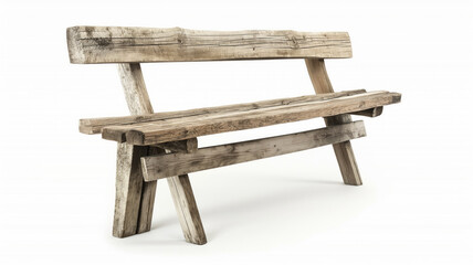 Rustic wooden bench with weathered planks, isolated on light background. Bench design emphasizes natural, rough textures and sturdy construction