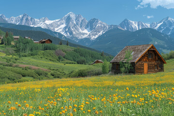 Fototapeta premium A grassland full of yellow flowers and a small wooden house in the distance