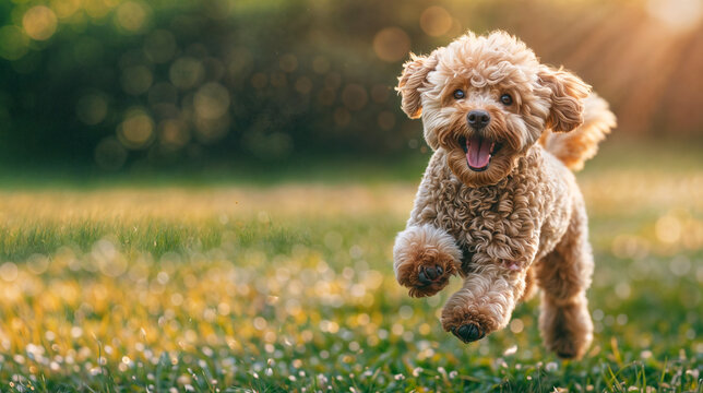 Happy Fluffy Brown Poodle Dog Running on a Sunny Day in the Park