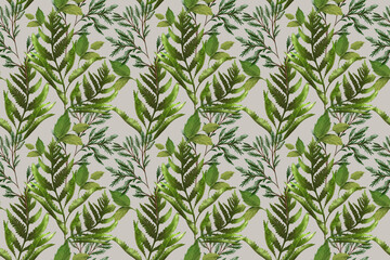 Seamless repeat watercolor hand painted pattern with botanical theme design. Perfect for home decor, apparel, art and craft, branding, wallpaper. forest autumn fall leaves fern, tuna, cypress