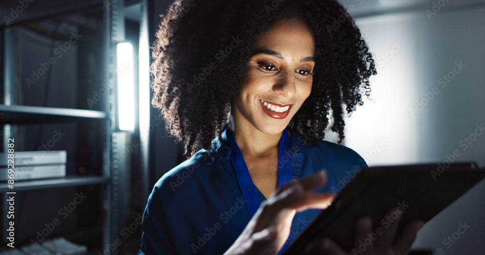 Leinwandbilder Server room, woman and digital tablet for inspection, maintenance and system update. Software management, programmer and tech for problem solving, cybersecurity or troubleshooting of network at night