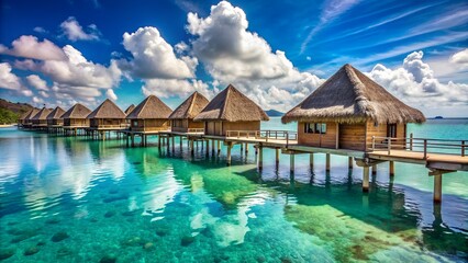 Fototapeta premium Traditional Overwater Bungalows Amidst Tranquil Waters