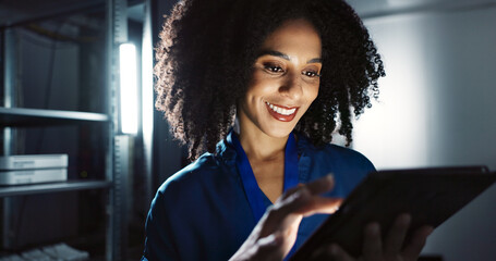 Server room, woman and digital tablet for inspection, maintenance and system update. Software...