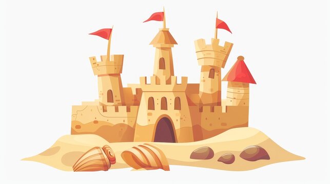 recommend clip art: Sandcastle toy near sea. Kids vacation sculpture clipart drawing with red flag. Creative fantasy palace background.