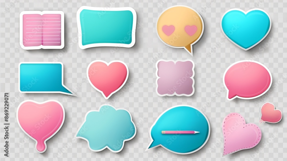 Poster isolated set of square, round, heart shaped speech bubbles with notebook page design, message frame,