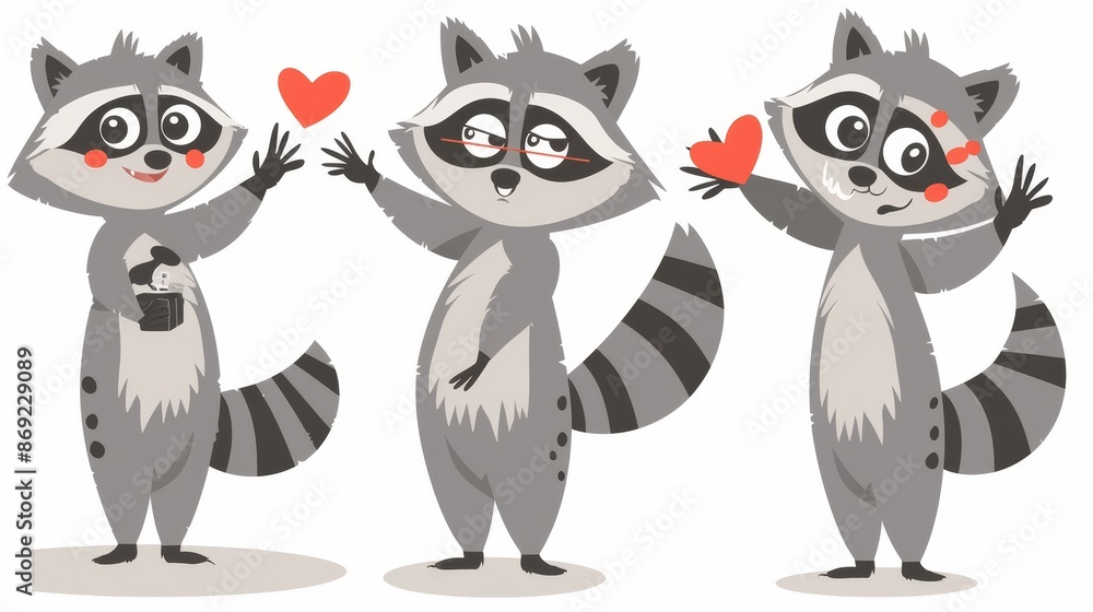 Wall mural An illustration of a cute racoon set isolated on white background. This picture shows a mascot lying scared, angry and waving his hands. - Wall murals