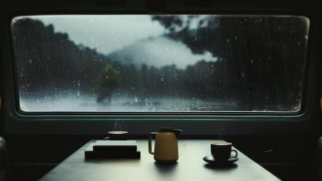 Rain and raindrops flowing on the camping car window, warm coffee and relaxation, and the comfortable sound of rain on a rainy summer night ASMR
