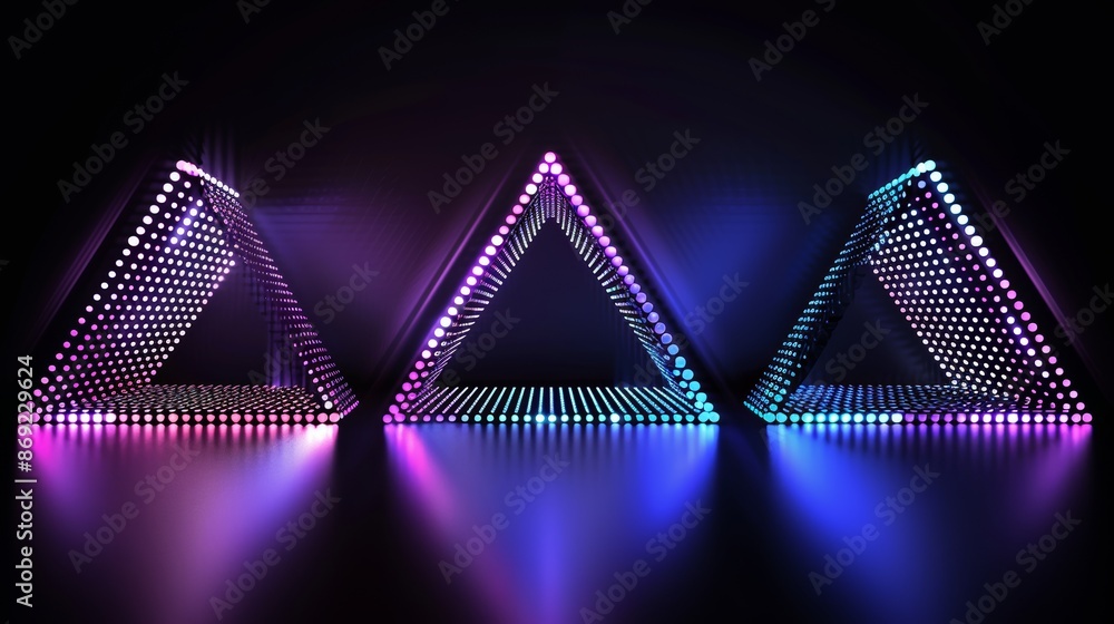 Poster the three abstract surfaces are created from neon glowing blue and purple dots and lines that spin i