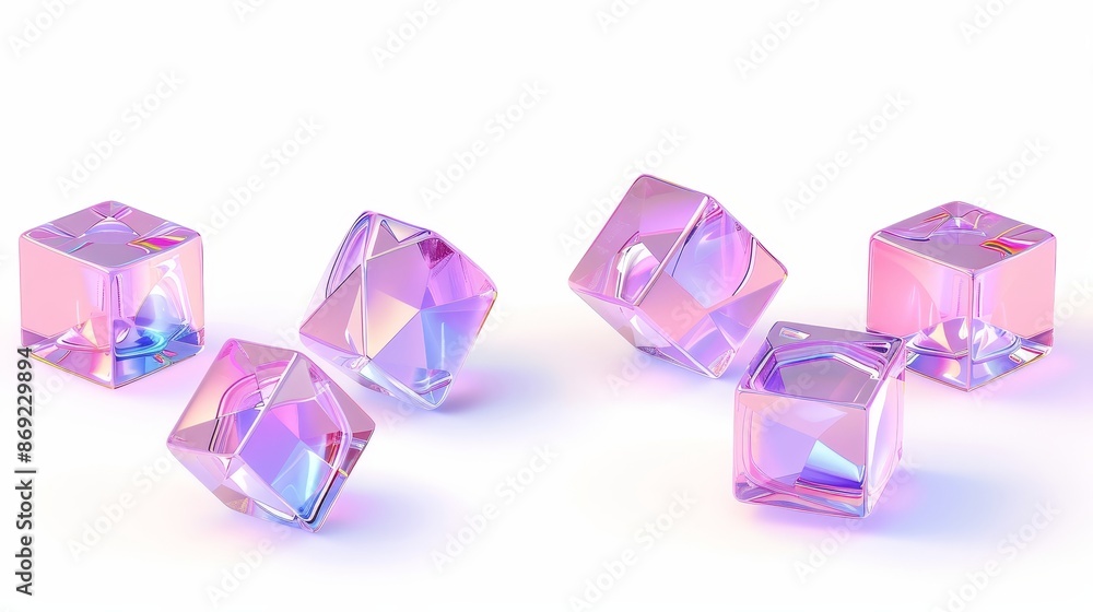 Poster geometric shape of a cube with hologram effect. realistic 3d rendering of a flying metal box with ho