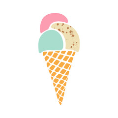 Delicious ice cream cone vector illustration. Colorful scoops of strawberry, mint and vanilla with chocolate chips gelato in waffle cone. Cute minimalist hand drawn frozen dessert, summer yummy treat