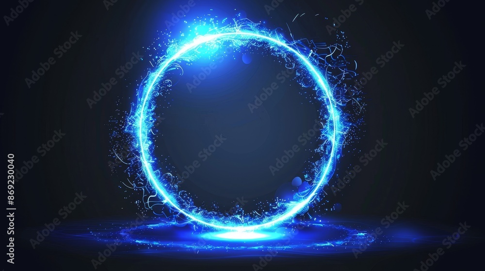 Poster ui design for a magic light glow circle portal. realistic 3d modern blue neon line round frame with 