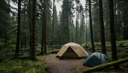 A photo of a camping tent. The tent is set up in the middle of a forest. The tent is surrounded by trees and there is a river in the background.