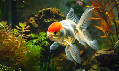 Elegant Oranda goldfish with flowing fins, Generative AI