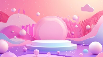 An abstract background with two cylinder product podiums and geometric fluid wave layers for a Valentine's promotion. A realistic 3D background with a showcase pedestal and platform for displaying