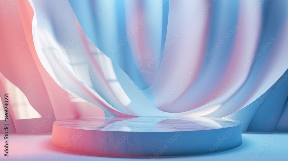 Poster an abstract minimal studio with a product display podium in blue and pink. a realistic rendering of 