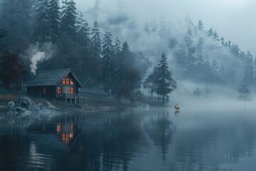 Fototapeta premium In the evening, the lake at the foot of the mountain and the small wooden houses on the shore