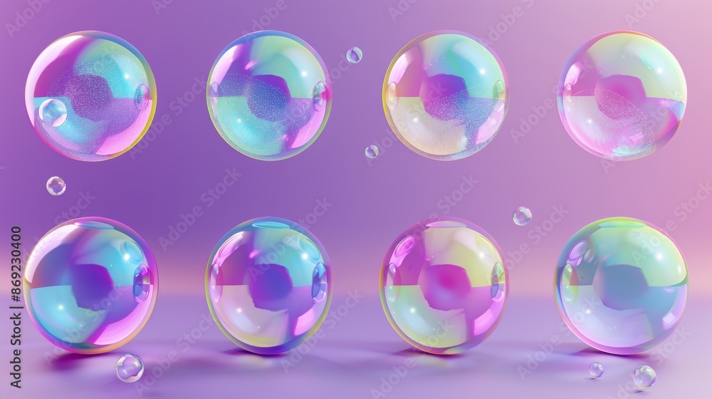 Poster a realistic 3d illustration set of flying shampoo or laundry abstract balls with a circular irregula