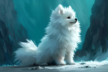 Fototapeta premium Westie terrier dog with bone on sky blue background