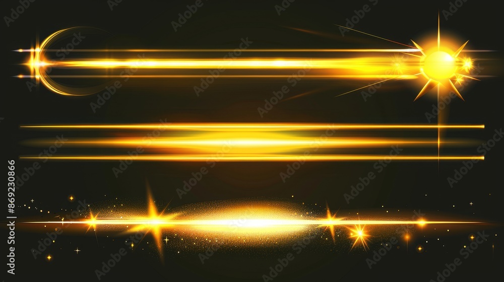 Poster glowy gold light line with a flare of sparkle. horizontal golden neon streak effect isolated on tran