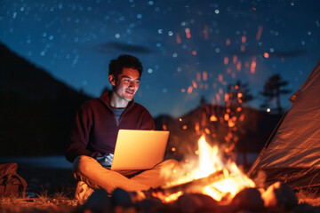 Man works on a laptop by a campfire in a serene camping location under a starlit sky, epitomizing the convergence of adventure and remote work,. Nature's tranquility enhancing the work experience.