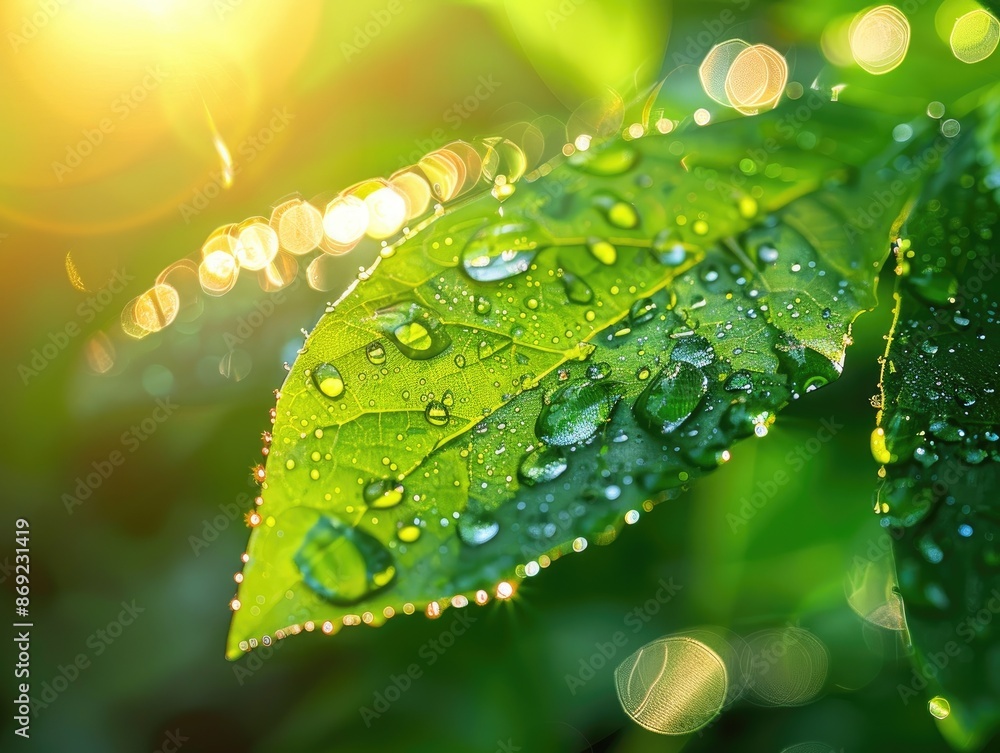 Wall mural A close-up of dew drops on a vibrant green leaf with the morning sun reflecting off the water droplets