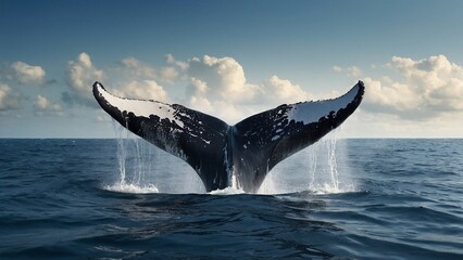 Fototapeta premium A humpback whale tail flups out of the ocean water. Beautiful close-up wildlife mammal photography illustration. Megaptera novaeangliae.