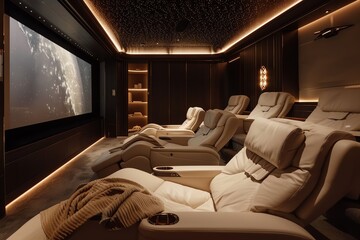 Stylish Luxurious Home Theater Design Showcasing Reclining Seats and a High-Definition Big Screen