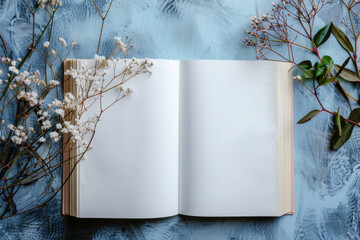 Open book with blank pages on a textured blue surface with botanical elements, evoking inspiration for a creative writing course for young authors.