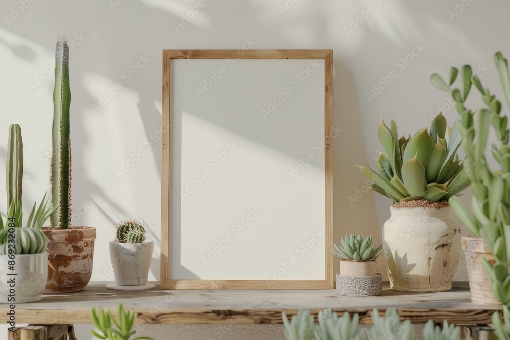 Wall mural Interior of stylish room with mock up photo frame on bamboo shelf with plants in hipster pots. Walls are white. The shelves are modern and floral.