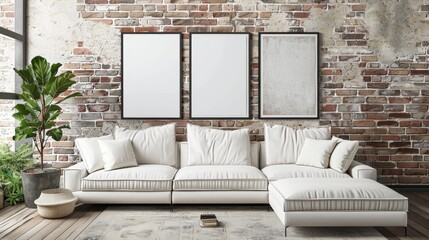 An illustration of a living room with a white couch, a table, a floor lamp, and mock-up pictures. This is a 3D render illustration.