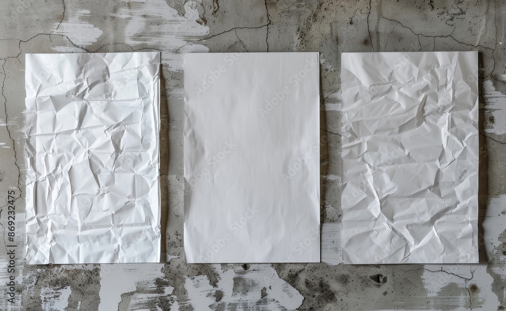 Poster an aged grey wall with three vertically arranged pieces of paper. a wrinkled texture surface can be 