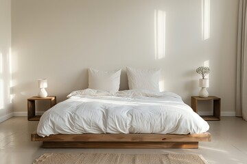 A Minimalist Bedroom Featuring a Platform Bed and a Sleek Nightstand