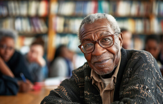 Elderly black senior man engaged in university studies with group of researchers. Lifelong learning and the joy of education in retirement.