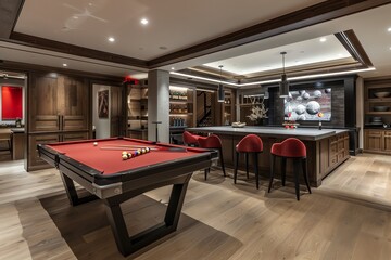 Stylish Game Room with a Pool Table and Chic Bar Area