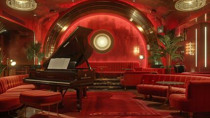 Interior of a high-end club with a piano and stage
