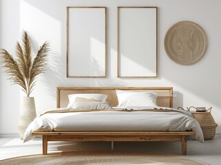 On white wall background, vertical frame mockup of boho bedroom interior with wooden bed, fringed blanket, cushion with tassels, dried pampas grass, wicker lamp and white wall background. 3D
